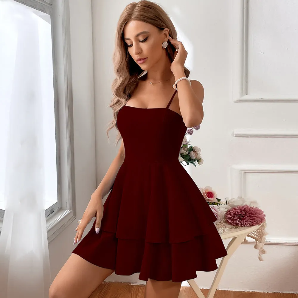 Gracefully Flowing Black Mini Dress with Adjustable Straps and Layered Design for Effortless Style and Comfort