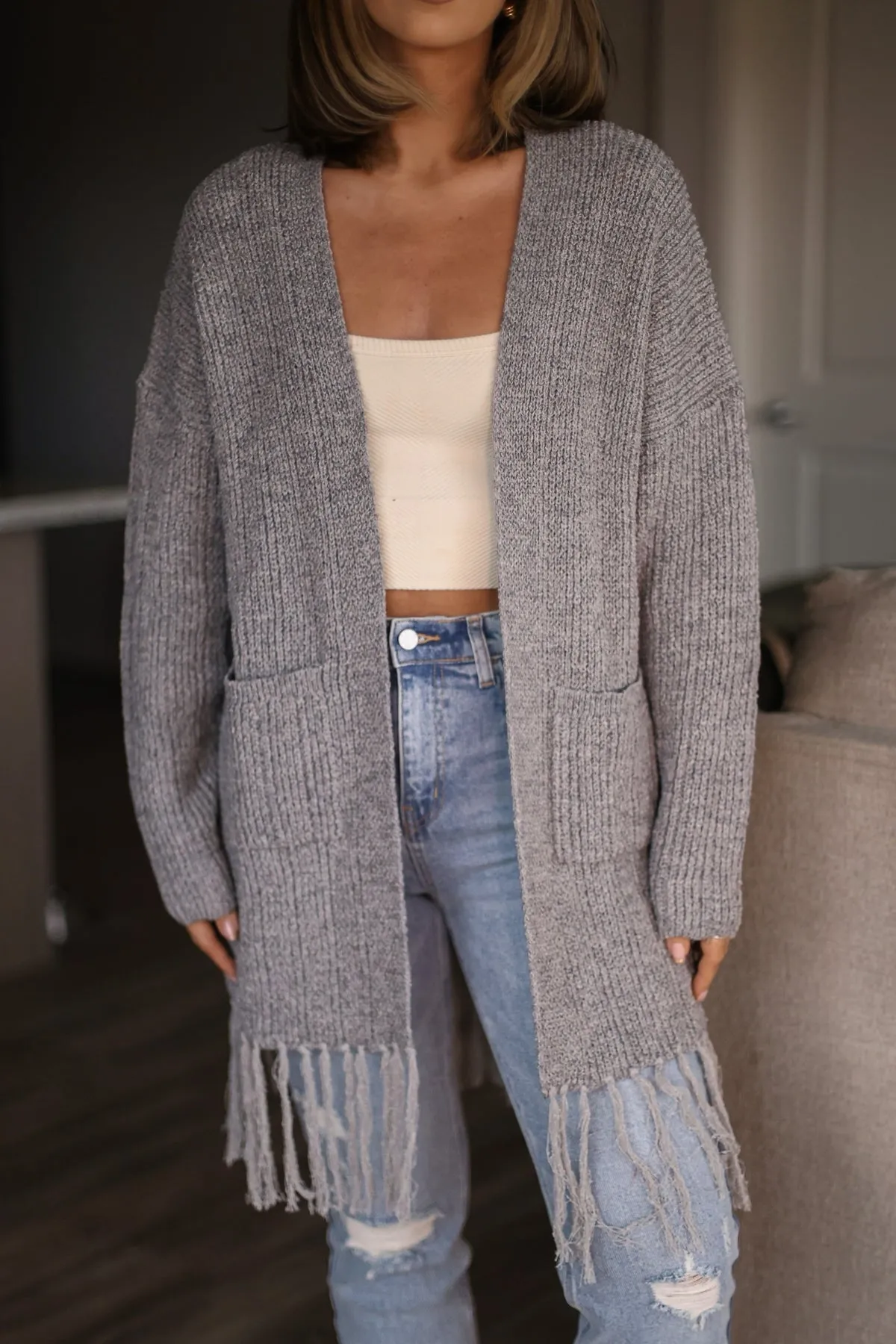 Grey Open Front Fringe Cardigan - FINAL SALE
