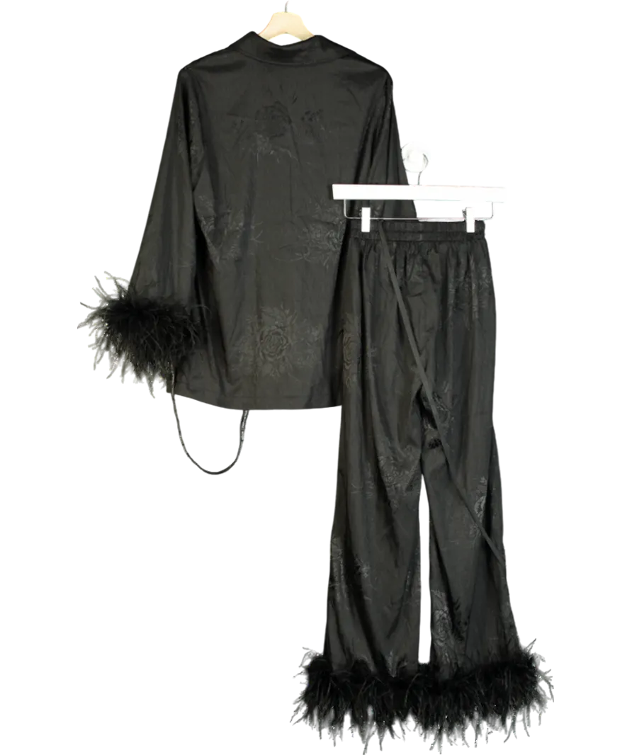 Lavish Alice Black Sydney Feather Trim Satin Jacquard Pyjama UK 6