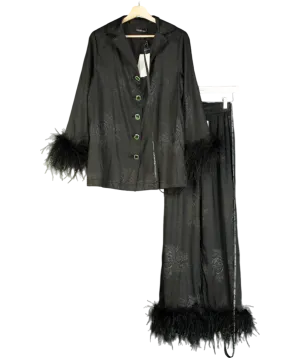 Lavish Alice Black Sydney Feather Trim Satin Jacquard Pyjama UK 6