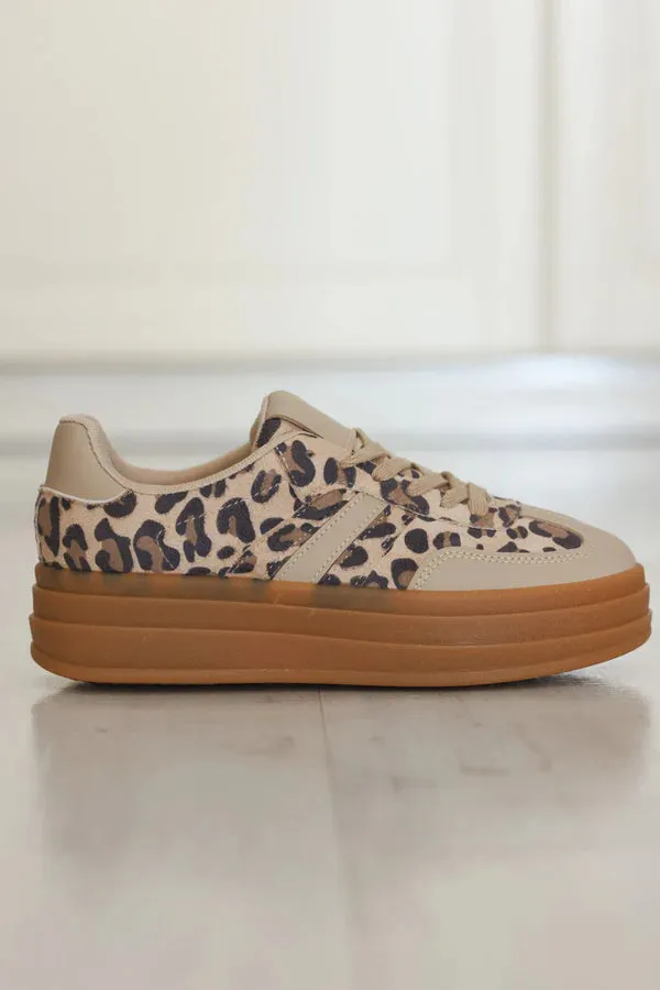Leopard and Beige Stripe Vintage Sueded Sneakers