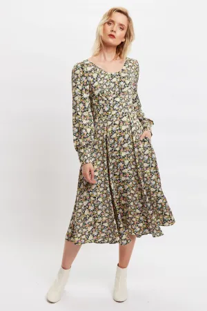 Louche Arwen Petal Parade Print V Back Midi Dress