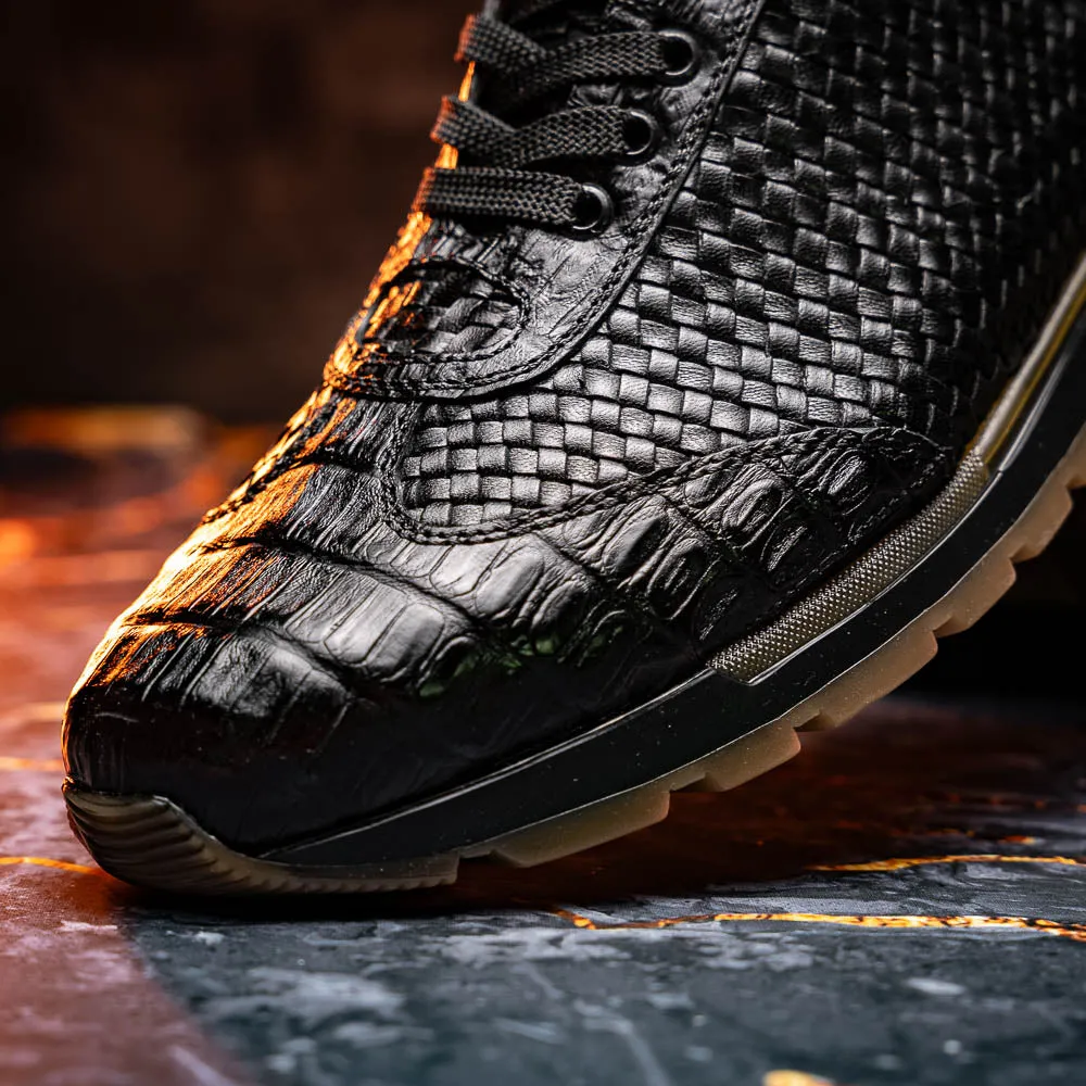 Marco Di Milano Roma Black Woven Calfskin & Crocodile Sneakers