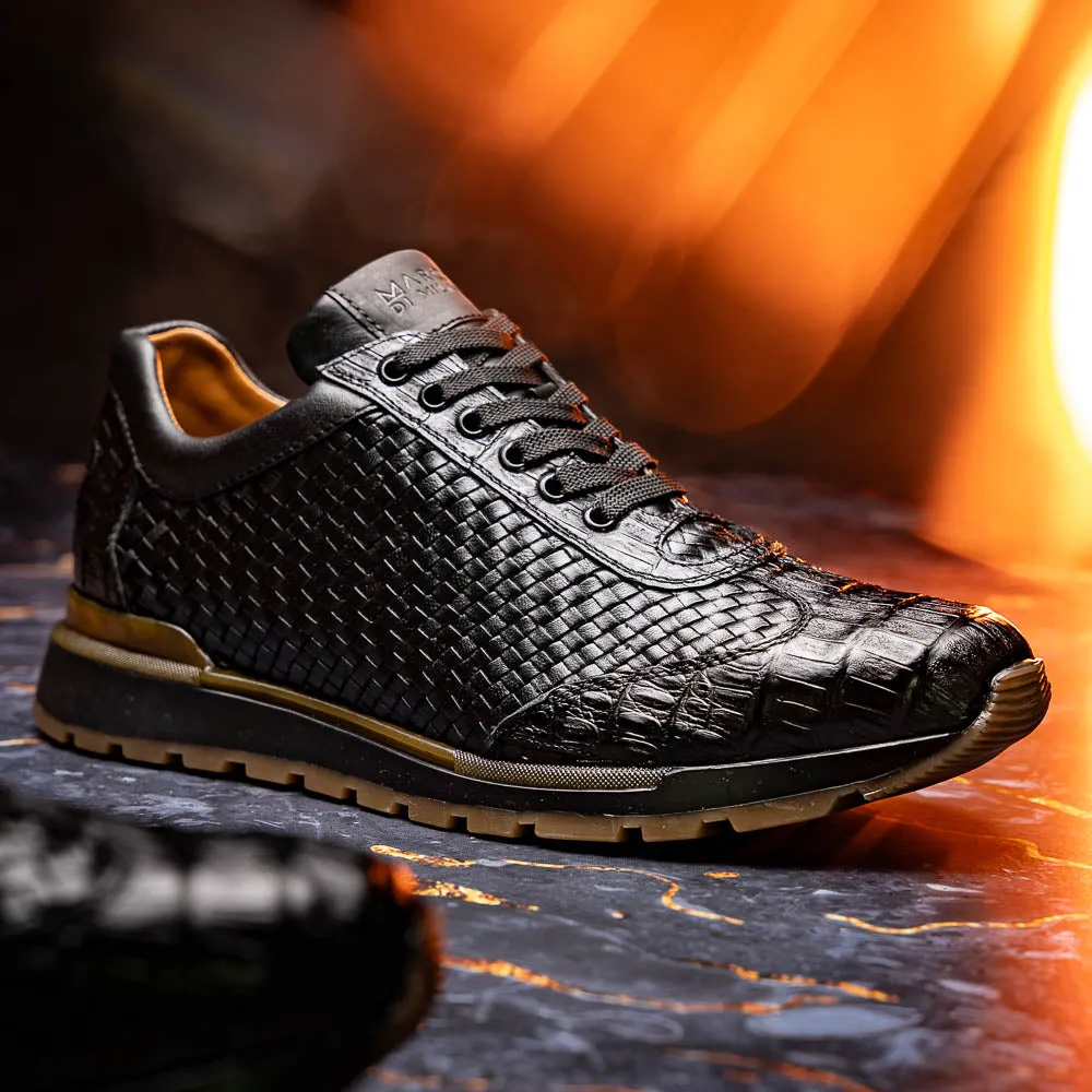 Marco Di Milano Roma Black Woven Calfskin & Crocodile Sneakers