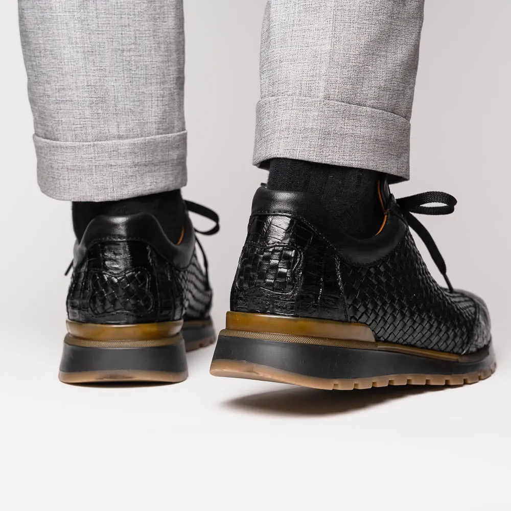 Marco Di Milano Roma Black Woven Calfskin & Crocodile Sneakers