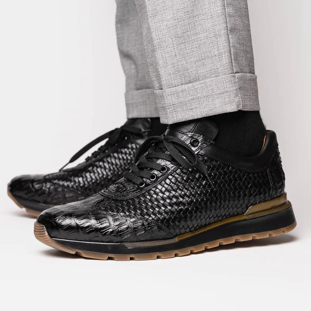 Marco Di Milano Roma Black Woven Calfskin & Crocodile Sneakers