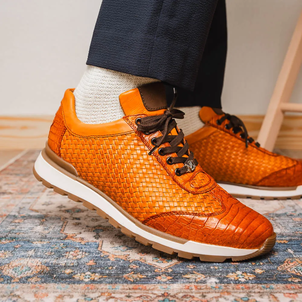 Marco Di Milano Roma in Brandy Caiman Crocodile & Woven Calfskin Sneakers