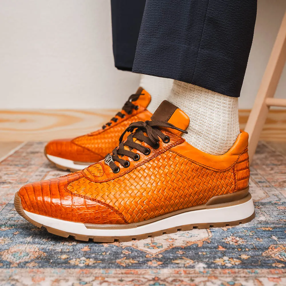 Marco Di Milano Roma in Brandy Caiman Crocodile & Woven Calfskin Sneakers