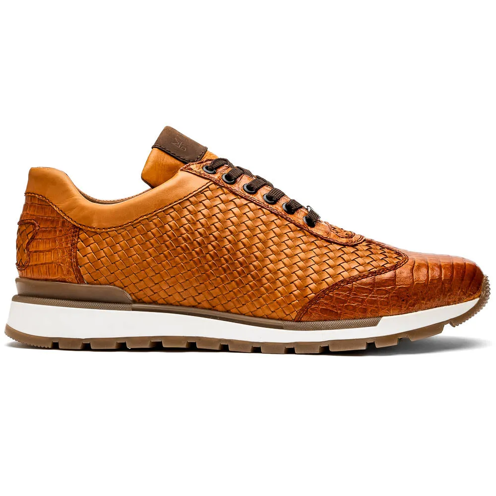 Marco Di Milano Roma in Brandy Caiman Crocodile & Woven Calfskin Sneakers