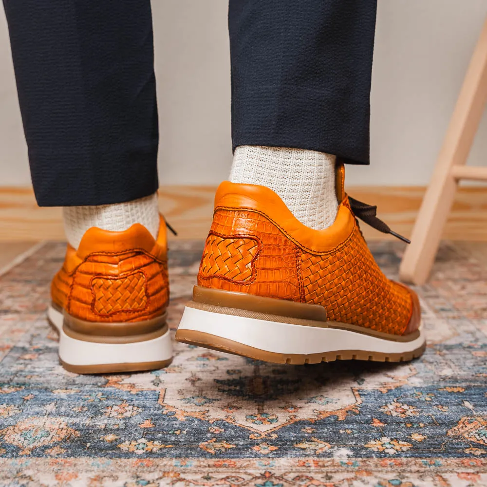 Marco Di Milano Roma in Brandy Caiman Crocodile & Woven Calfskin Sneakers