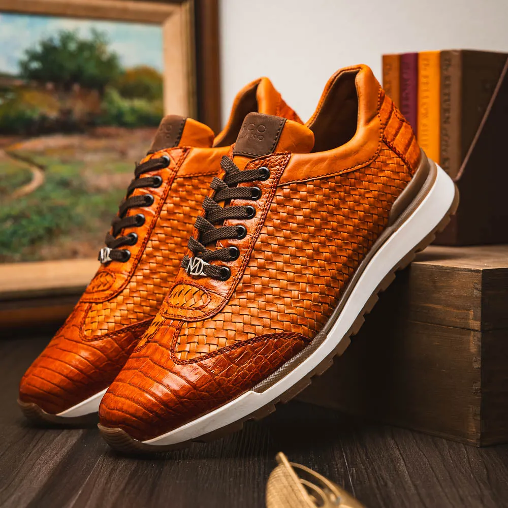 Marco Di Milano Roma in Brandy Caiman Crocodile & Woven Calfskin Sneakers