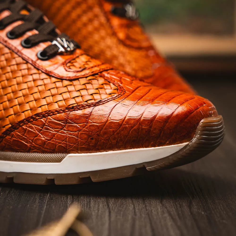 Marco Di Milano Roma in Brandy Caiman Crocodile & Woven Calfskin Sneakers