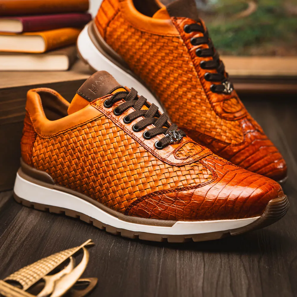 Marco Di Milano Roma in Brandy Caiman Crocodile & Woven Calfskin Sneakers