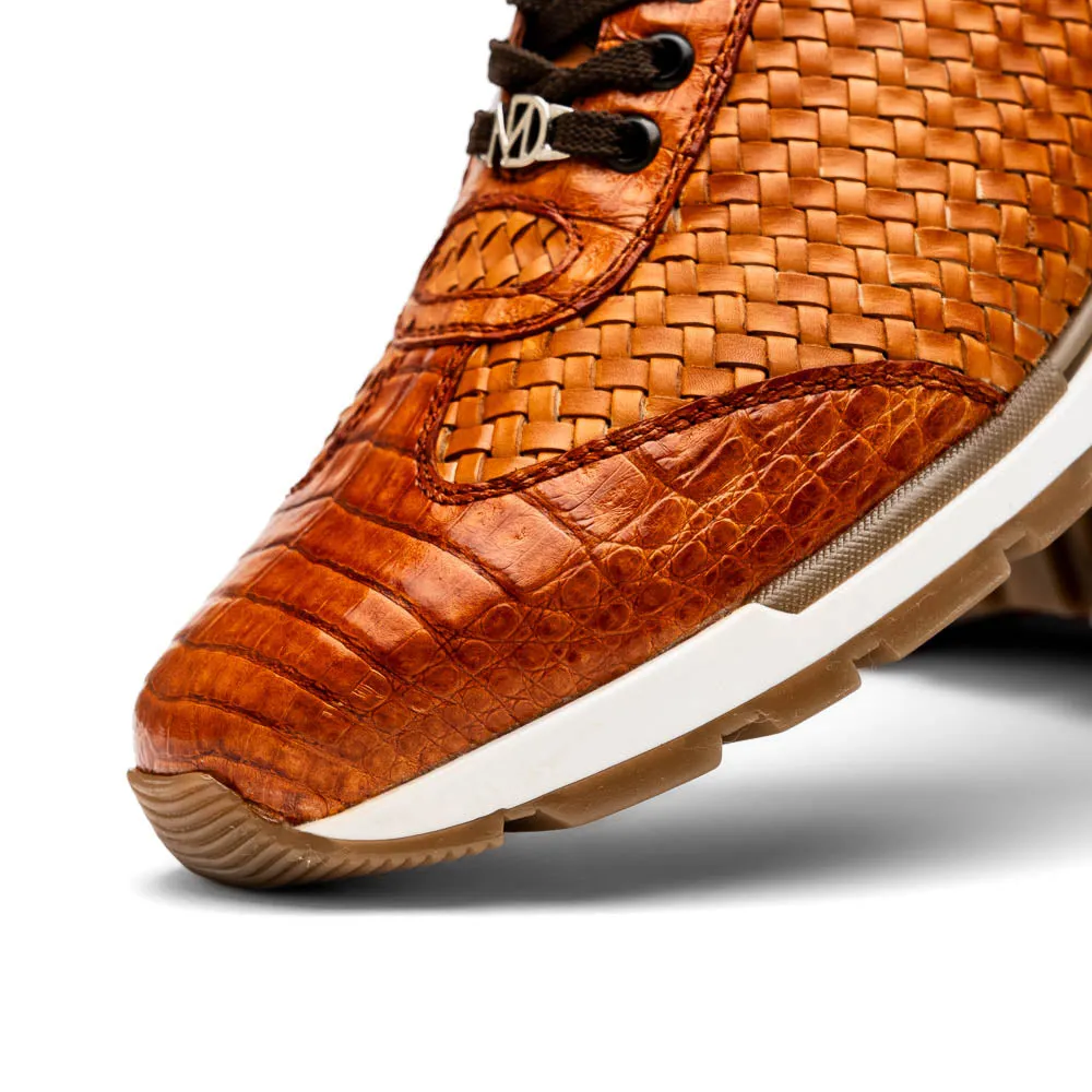 Marco Di Milano Roma in Brandy Caiman Crocodile & Woven Calfskin Sneakers