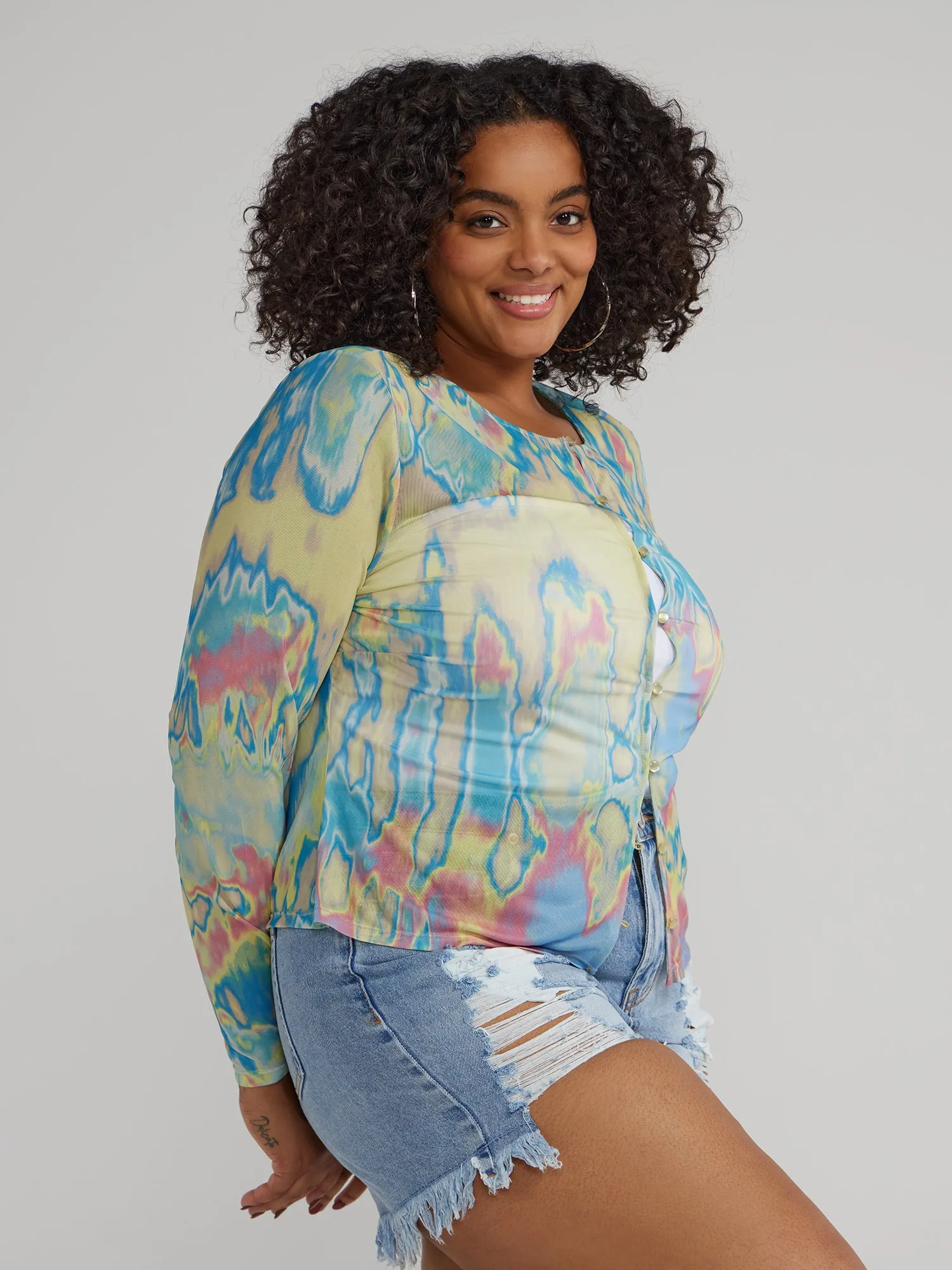 Multicolor Print Button-Down Cardigan