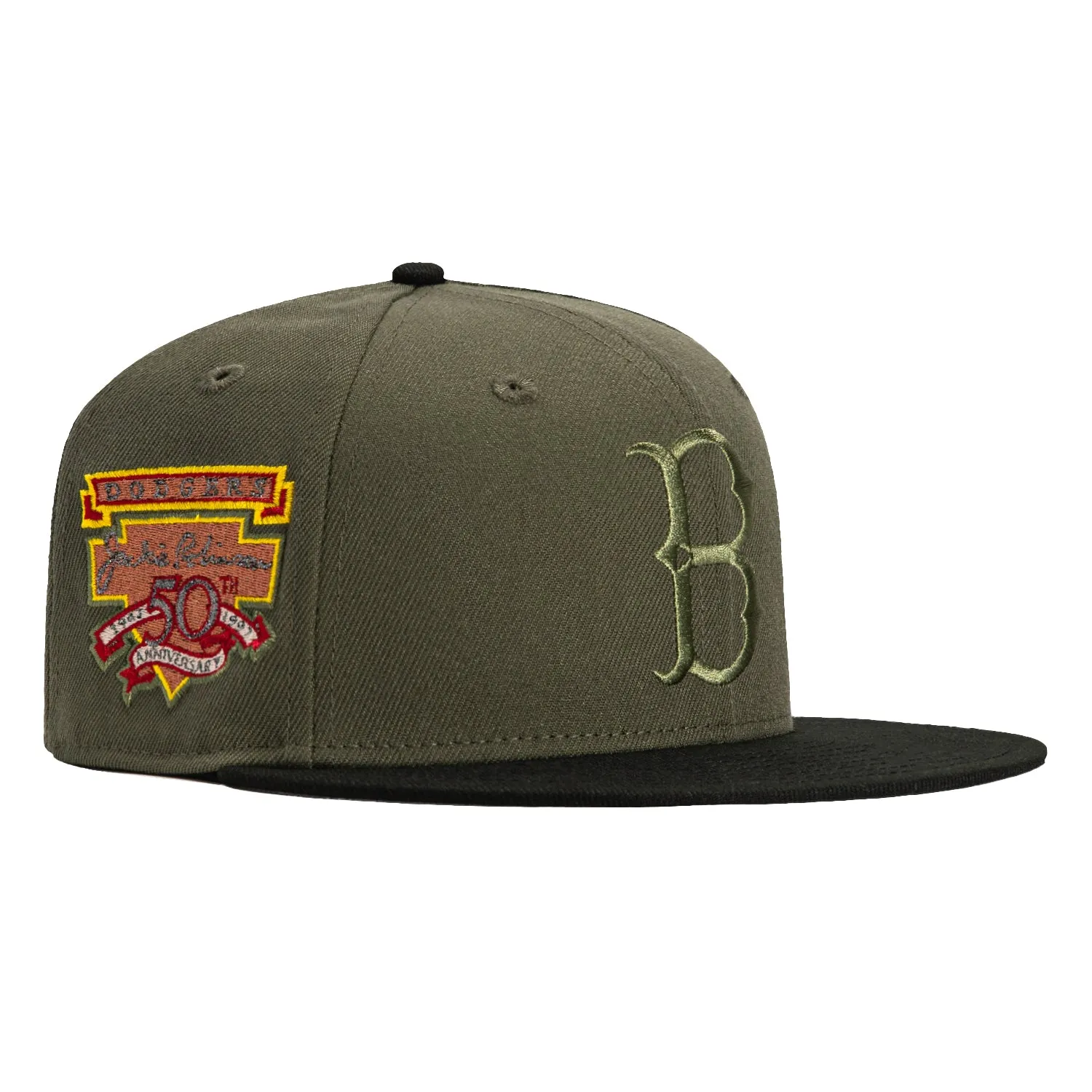 New Era 59Fifty Brooklyn Dodgers Jackie Robinson 50th Anniversary Patch Hat - Olive, Black