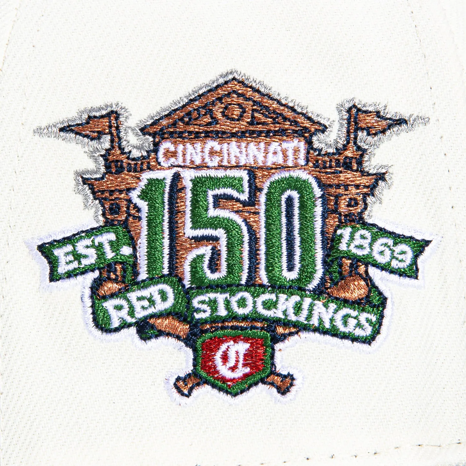 New Era 59Fifty Cincinnati Reds 150th Anniversary Patch Hat - White, Navy, Green, Metallic Copper