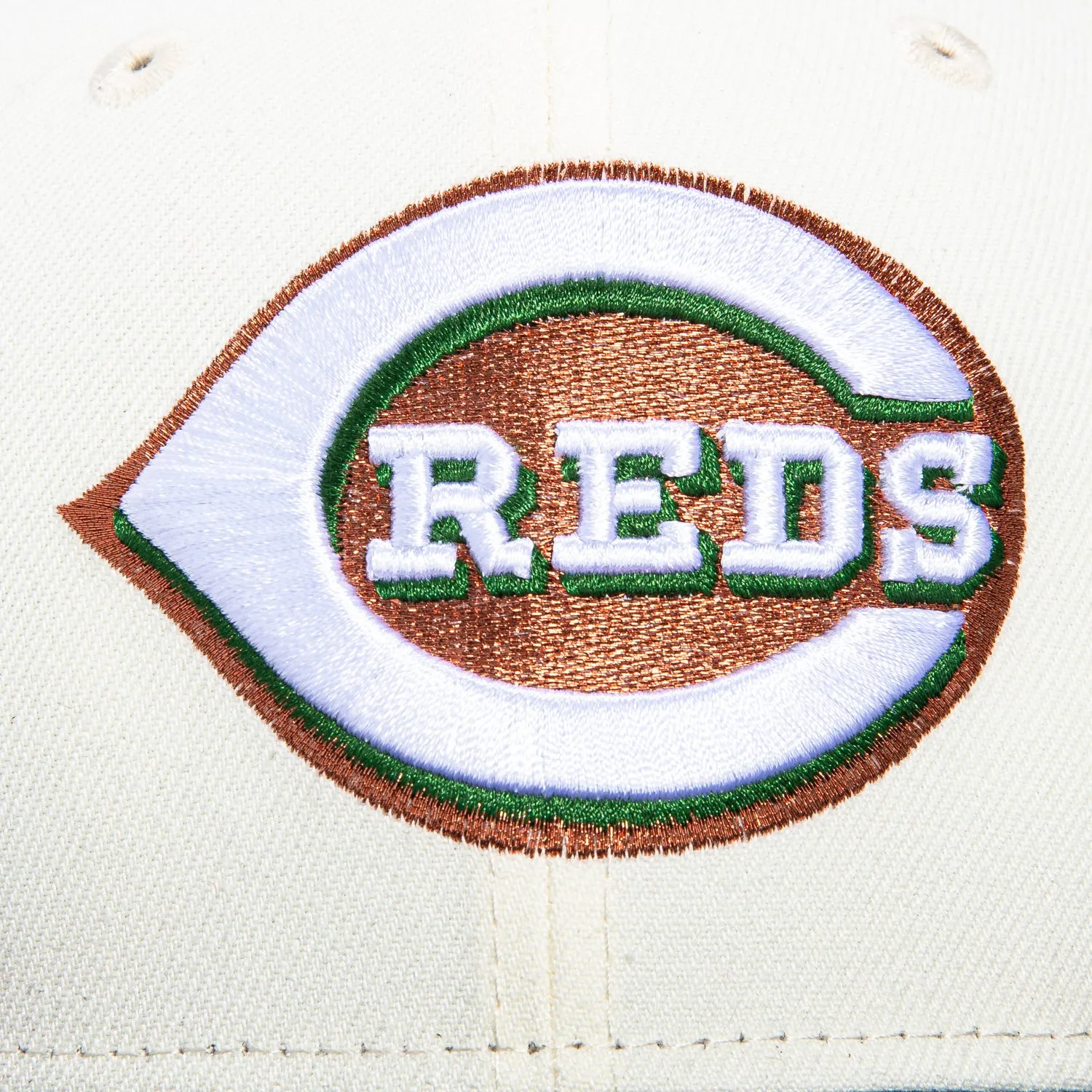 New Era 59Fifty Cincinnati Reds 150th Anniversary Patch Hat - White, Navy, Green, Metallic Copper