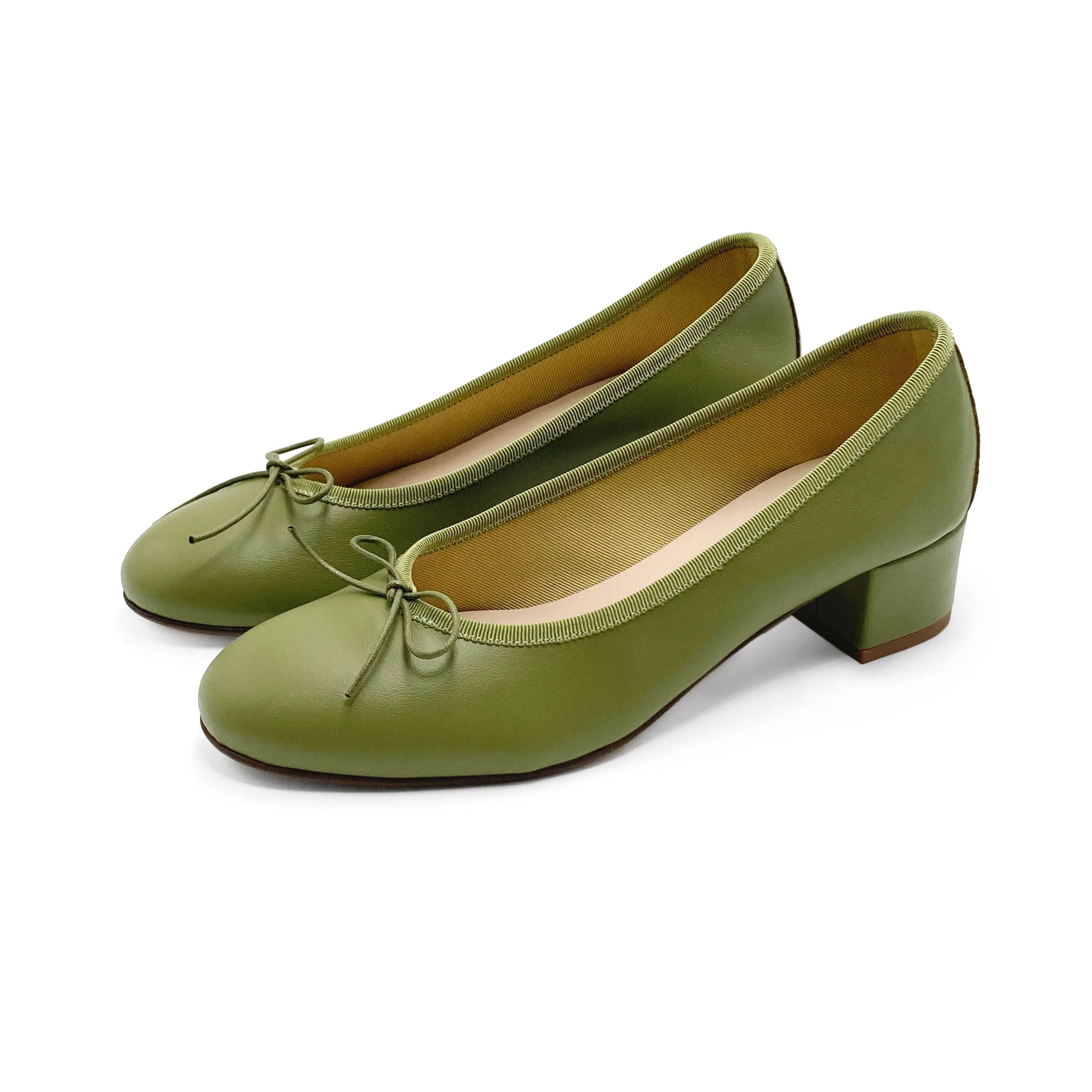 Olive Green Leather Ballet Flats with Heel