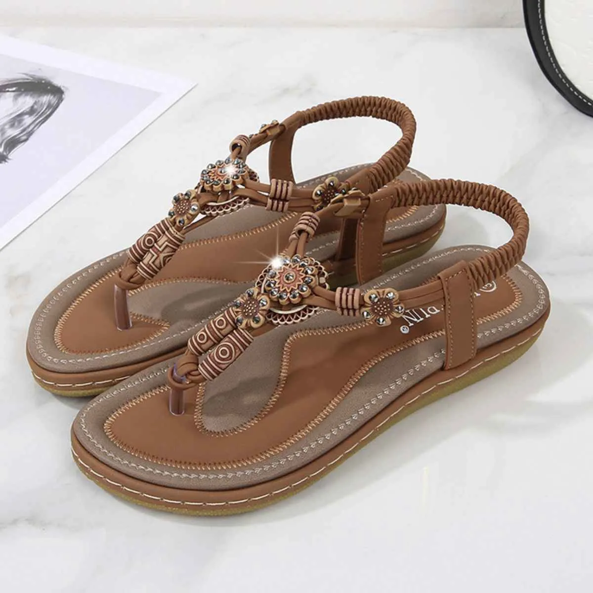 PU Leather Sandals - Toe Post Flats for Women