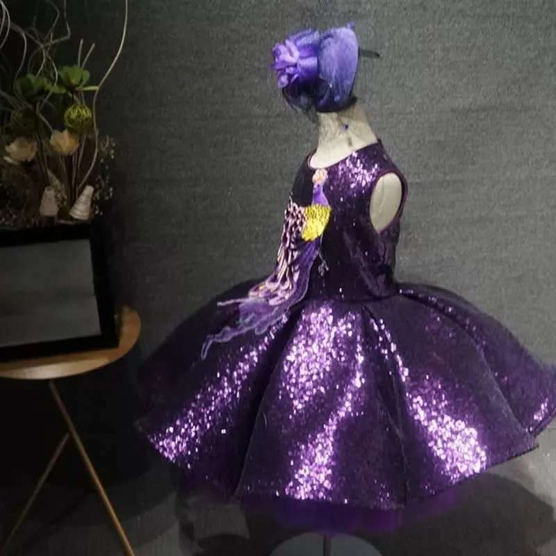 Short children's dress embroidered feather high-end sequin mesh girl princess dress