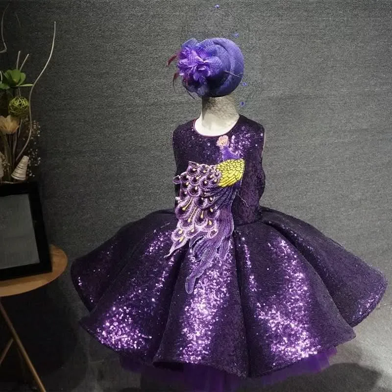 Short children's dress embroidered feather high-end sequin mesh girl princess dress