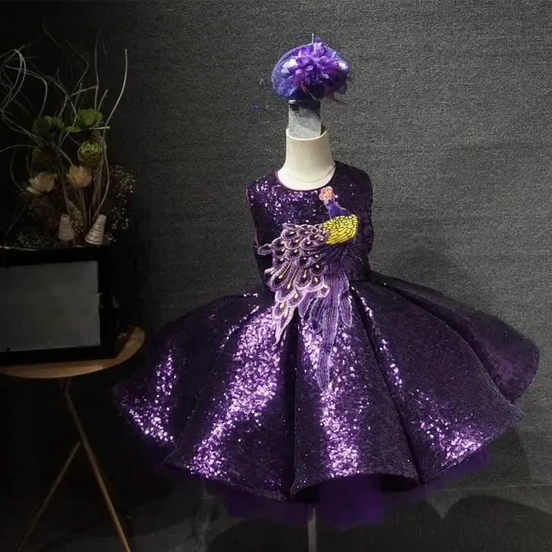 Short children's dress embroidered feather high-end sequin mesh girl princess dress