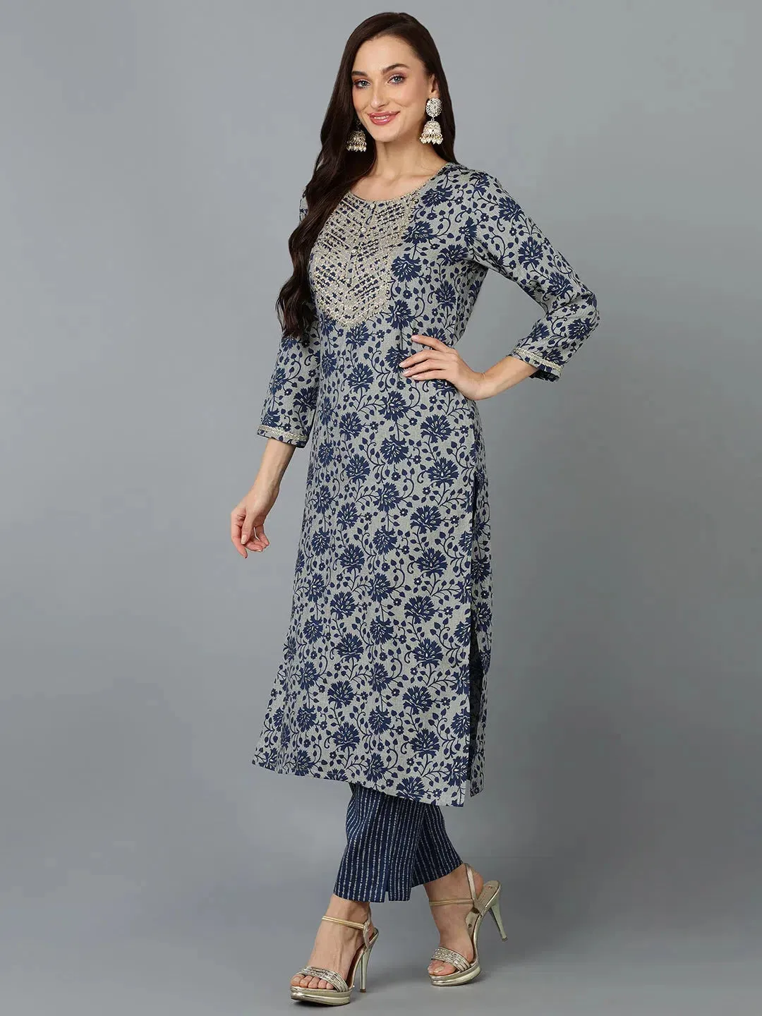 Silk Blend Blend Grey Straight Printed Kurta