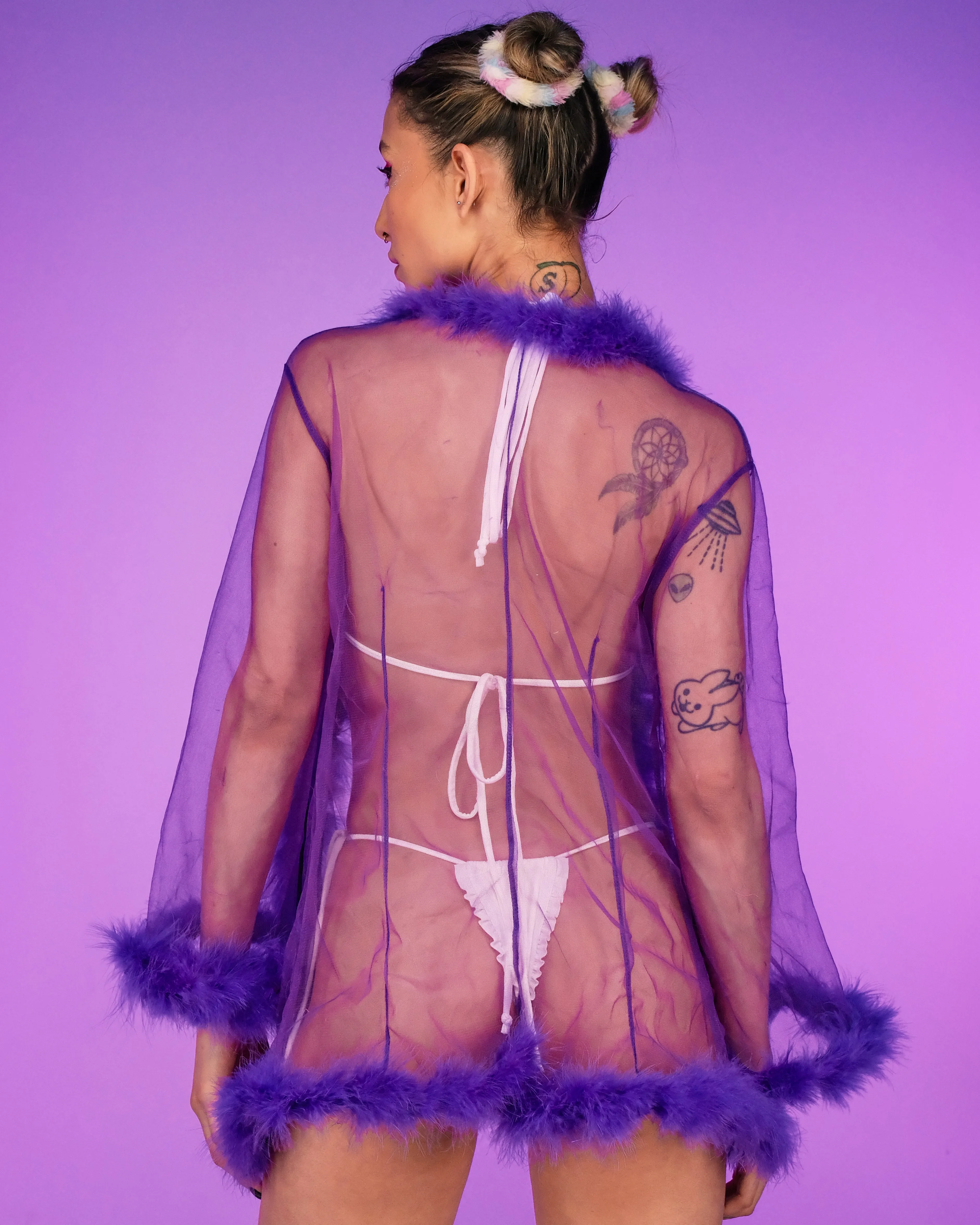 So Xxtra Feather Trim Sheer Short Robe