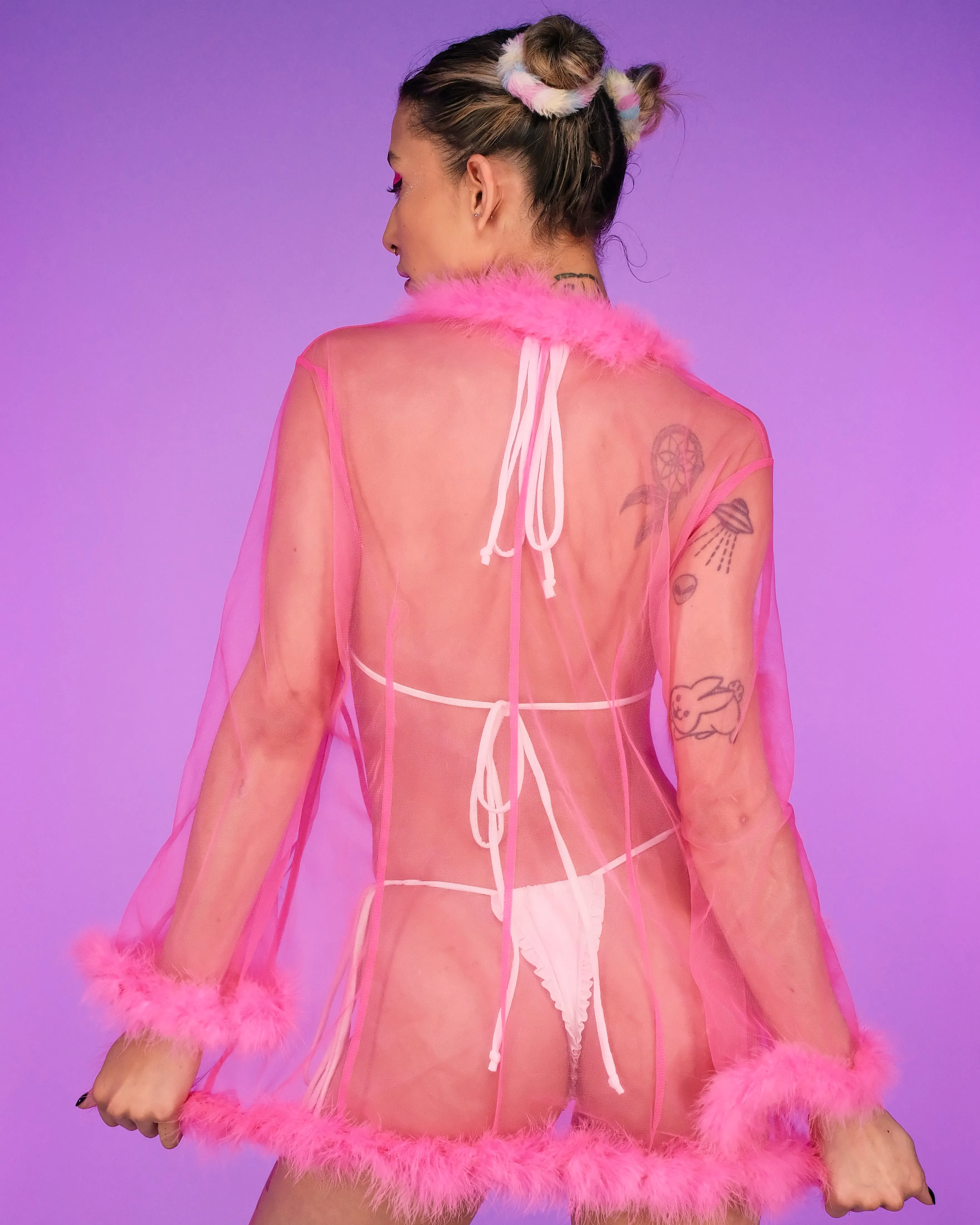So Xxtra Feather Trim Sheer Short Robe