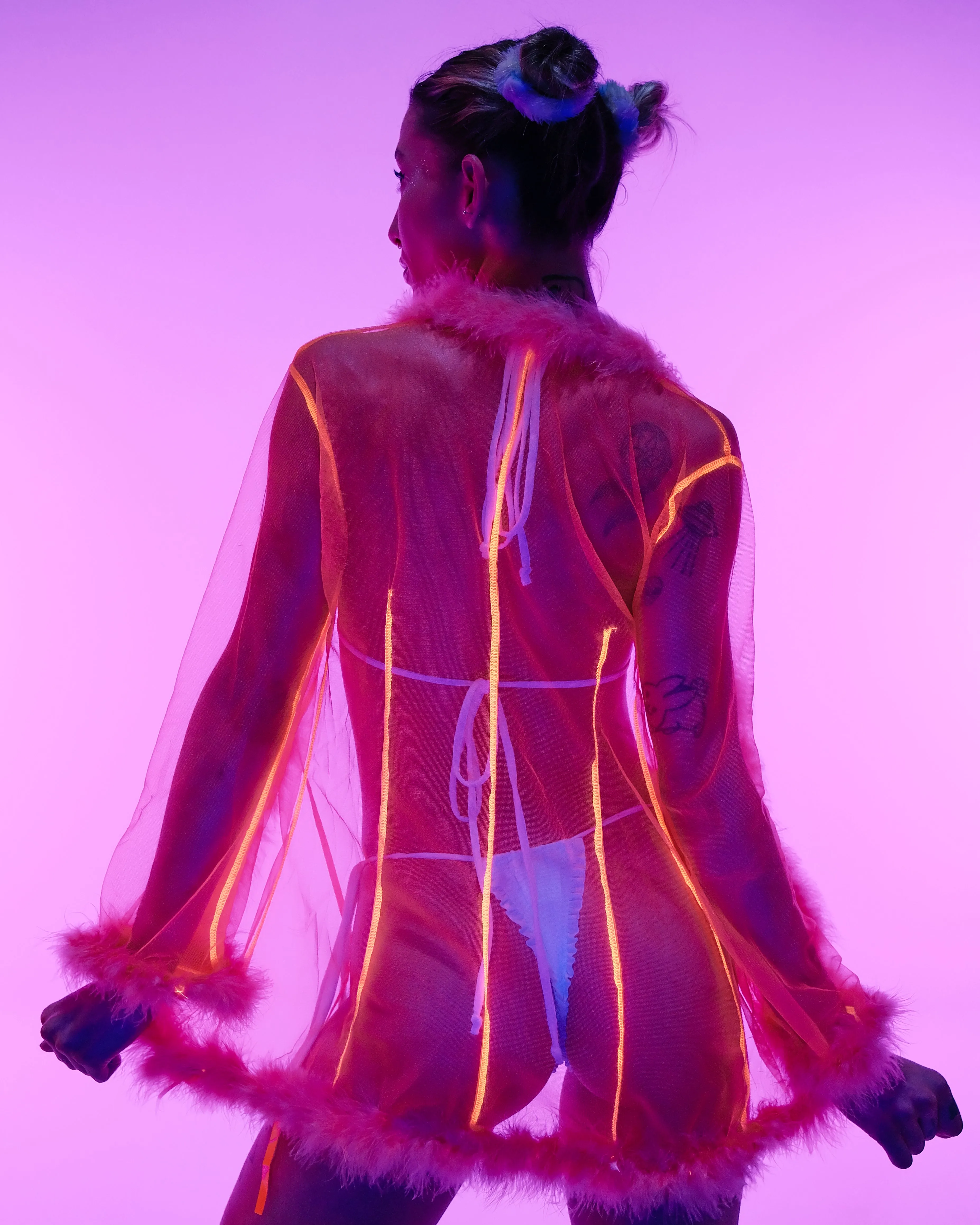 So Xxtra Feather Trim Sheer Short Robe