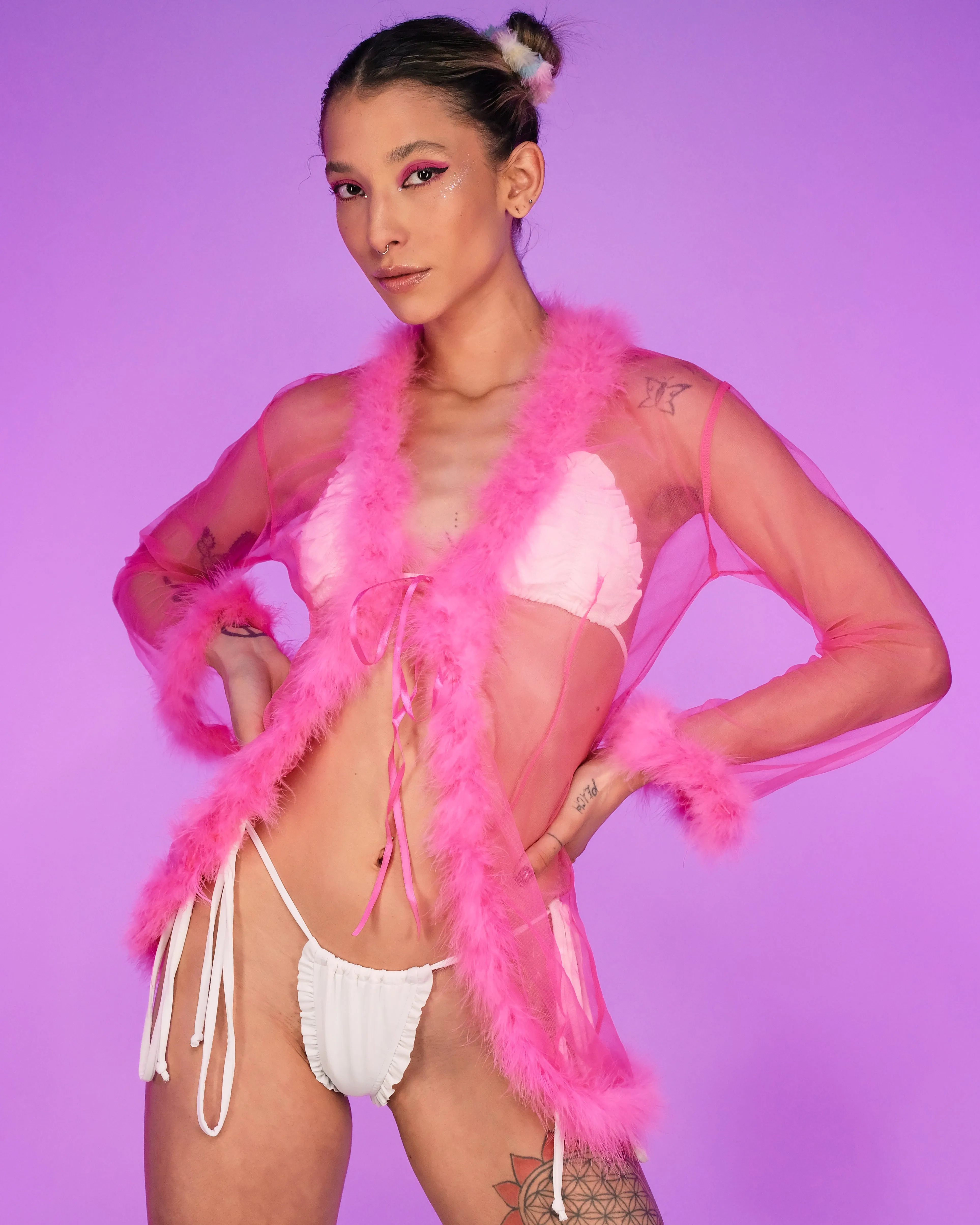 So Xxtra Feather Trim Sheer Short Robe