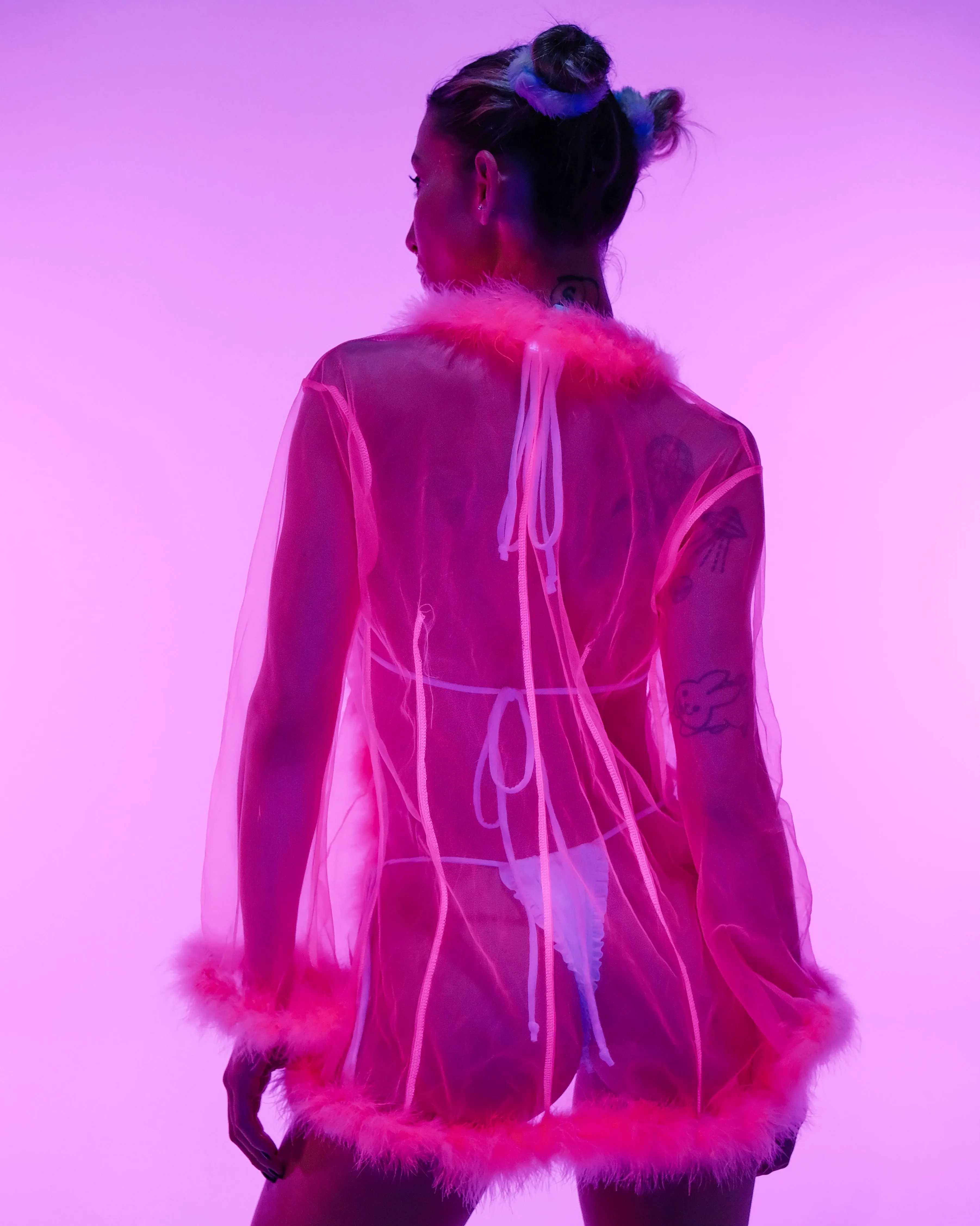 So Xxtra Feather Trim Sheer Short Robe