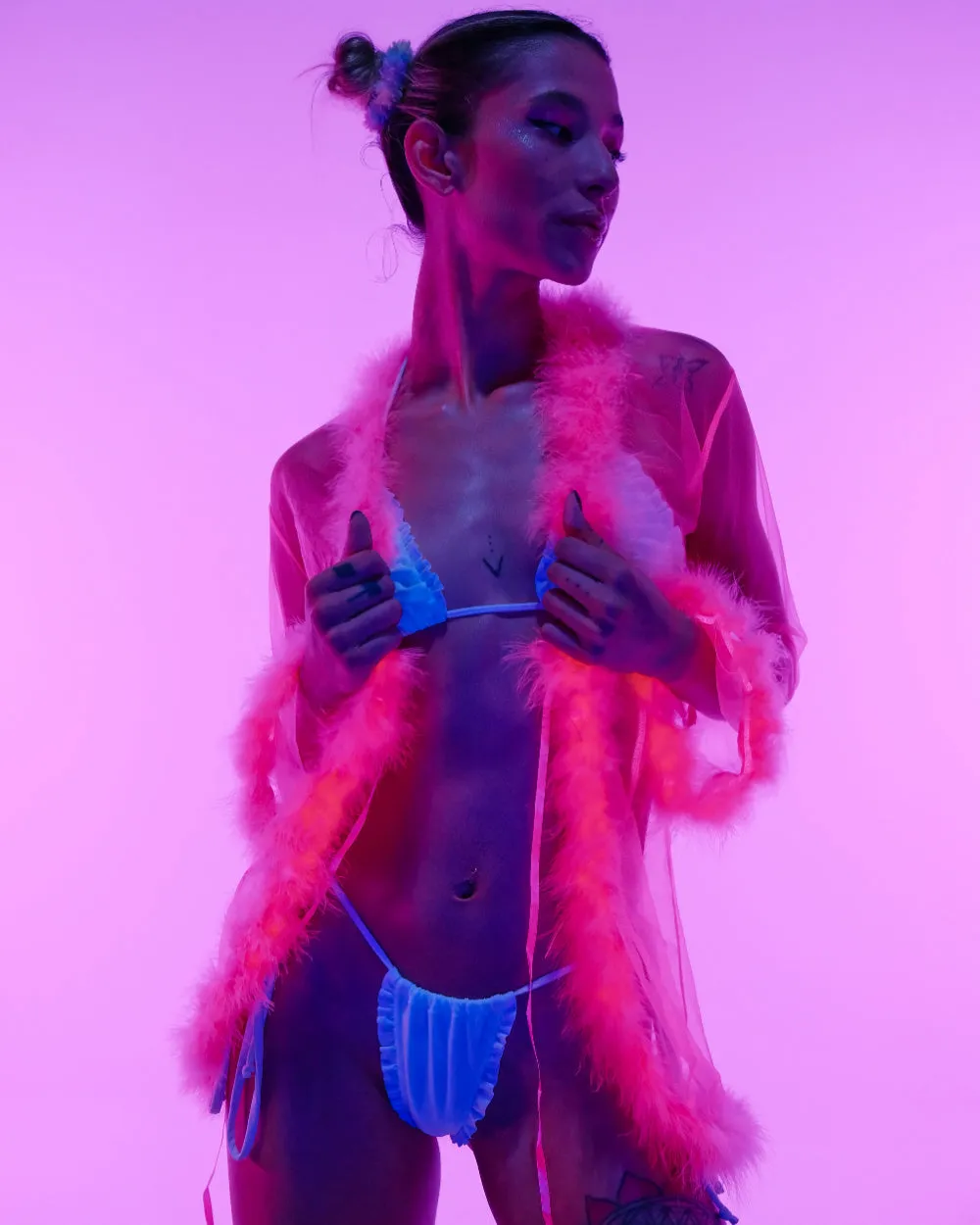 So Xxtra Feather Trim Sheer Short Robe