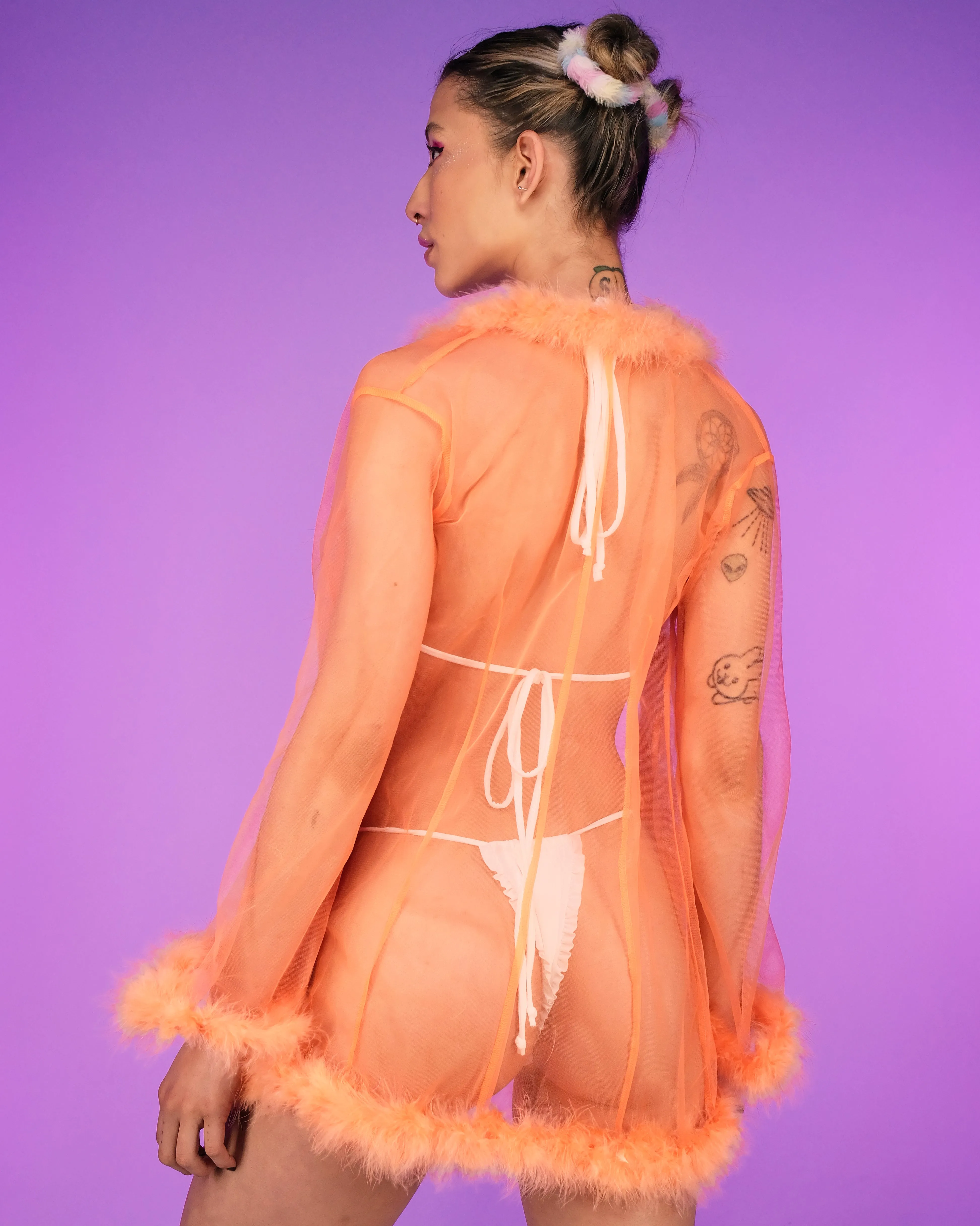 So Xxtra Feather Trim Sheer Short Robe