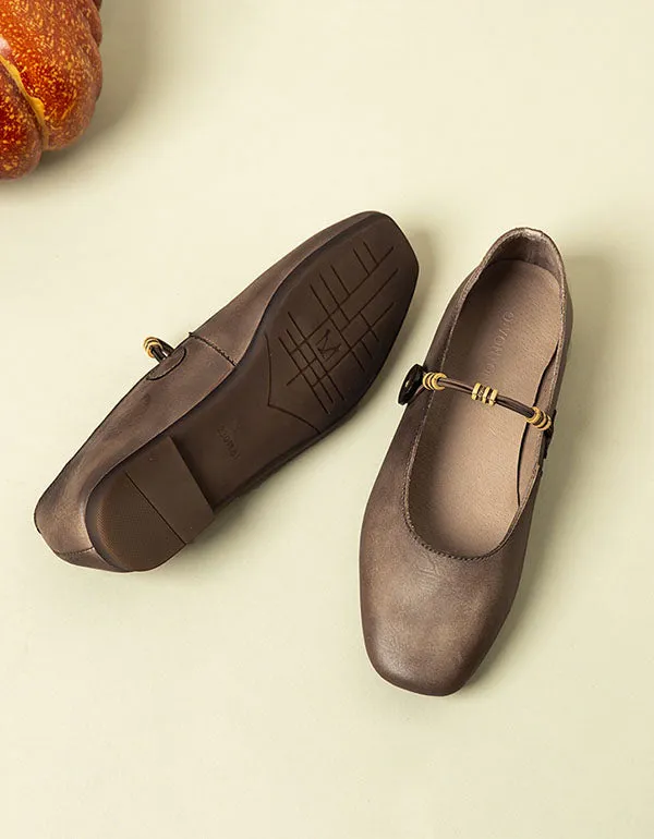 Square Head Retro Leather Flat Shoes