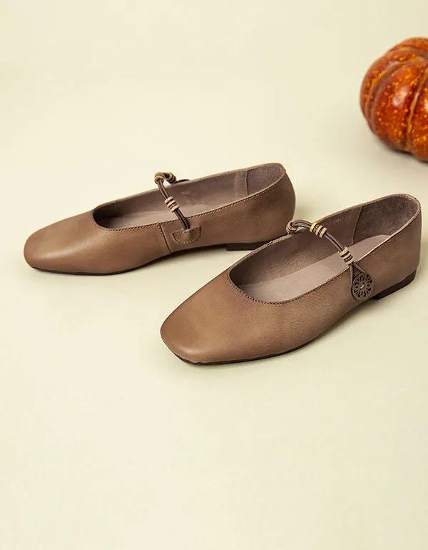 Square Head Retro Leather Flat Shoes