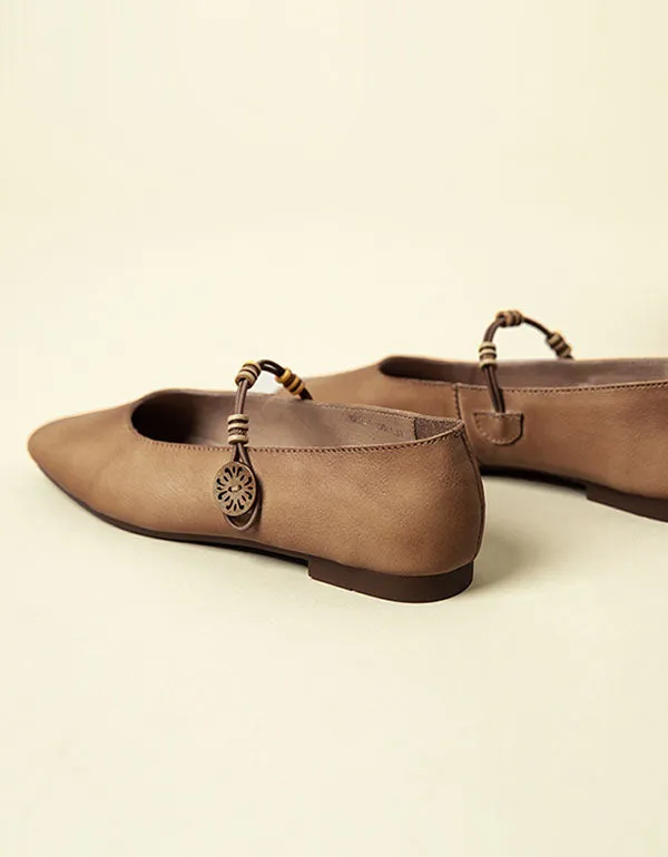 Square Head Retro Leather Flat Shoes