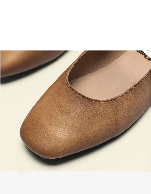 Square Head Retro Leather Flat Shoes