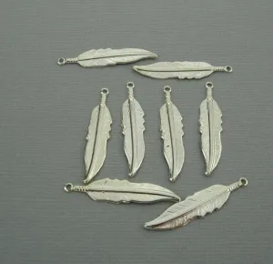 Sterling Silver Plated over Brass Textured Feather Pendant Charm 1 Ring Medium Size