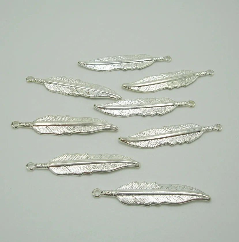 Sterling Silver Plated over Brass Textured Feather Pendant Charm 1 Ring Medium Size