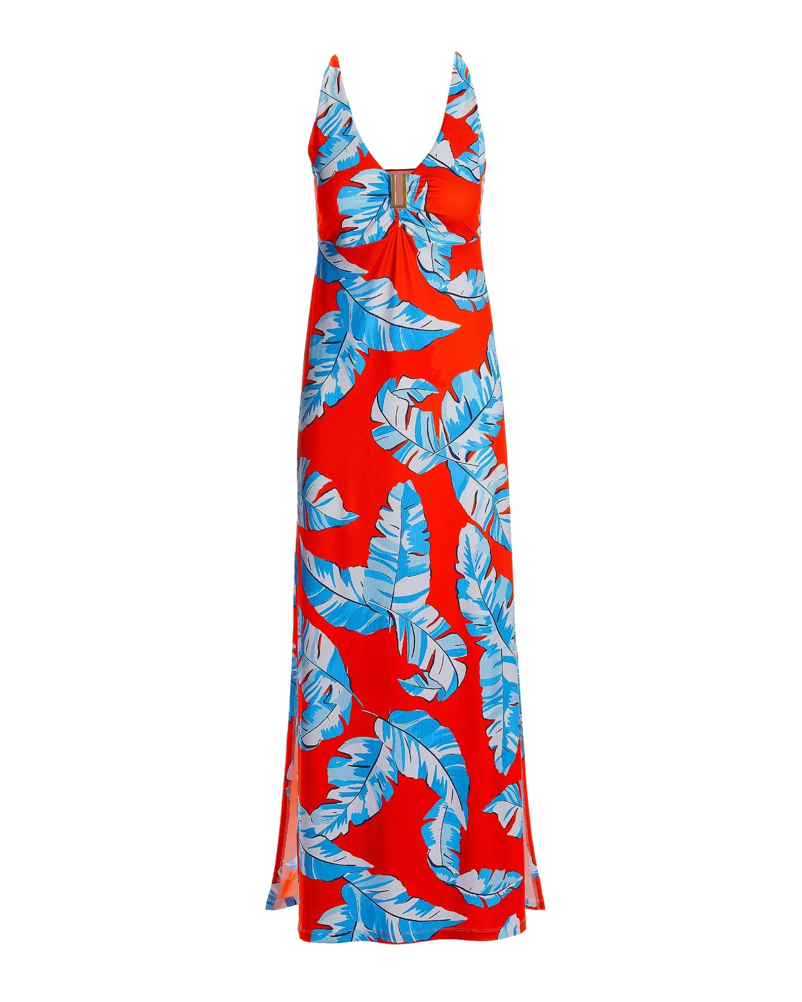 Summer Palms Print Hardware Knit Maxi Dress Red