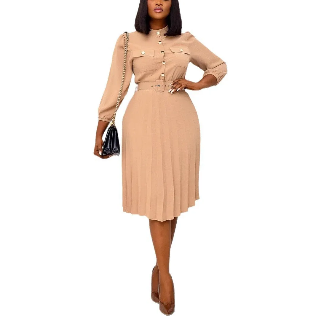 Timeless Belted Pleated Midi Dress with Button Detailing