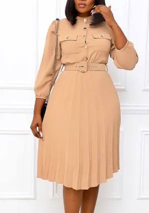Timeless Belted Pleated Midi Dress with Button Detailing