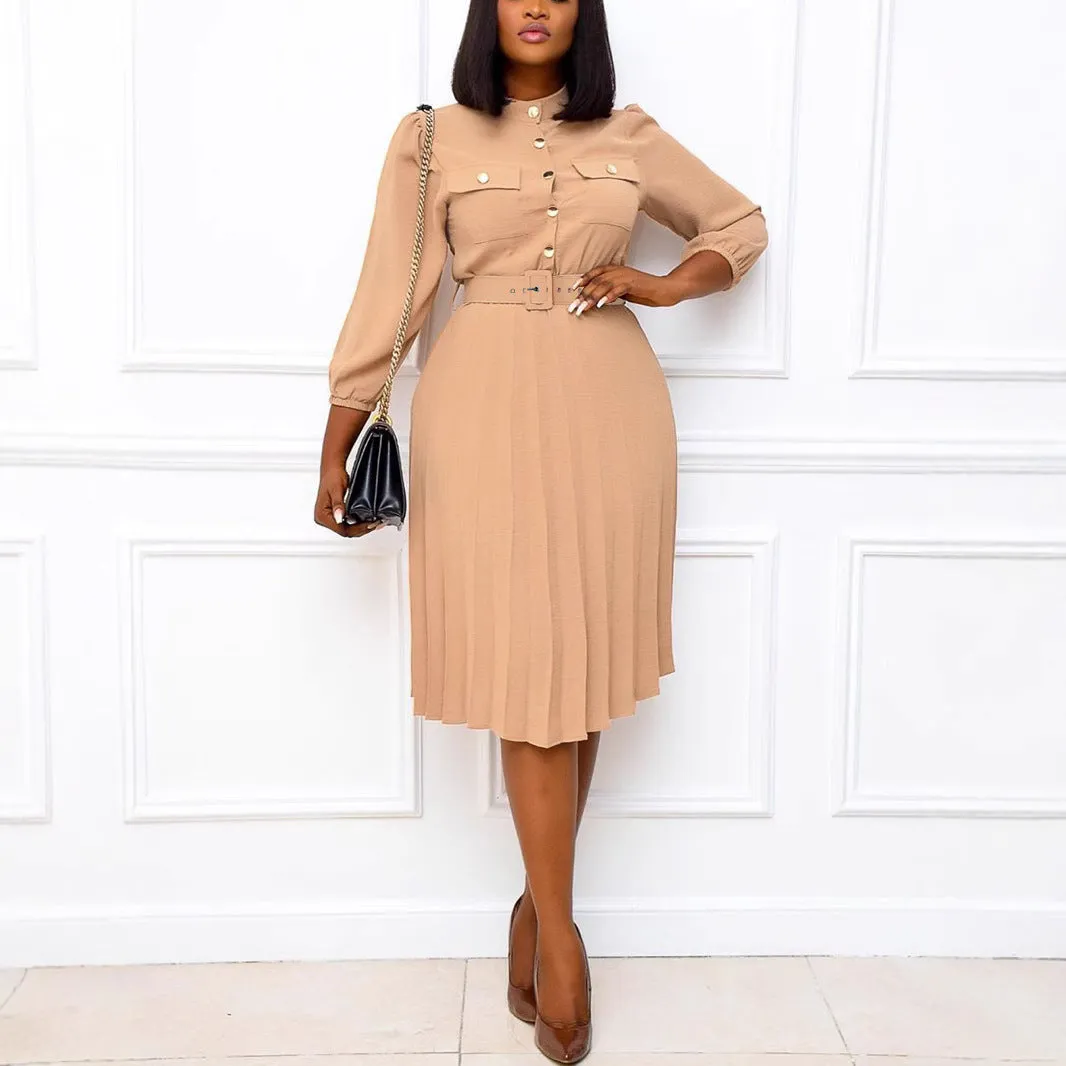Timeless Belted Pleated Midi Dress with Button Detailing