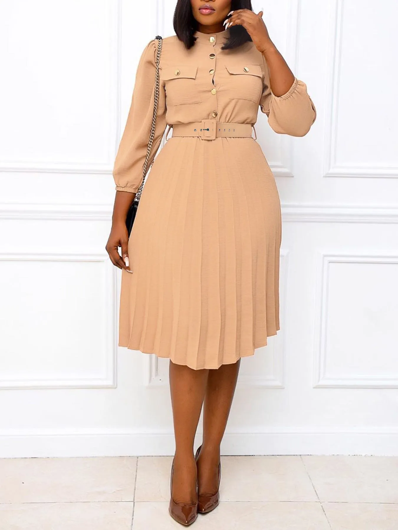 Timeless Belted Pleated Midi Dress with Button Detailing