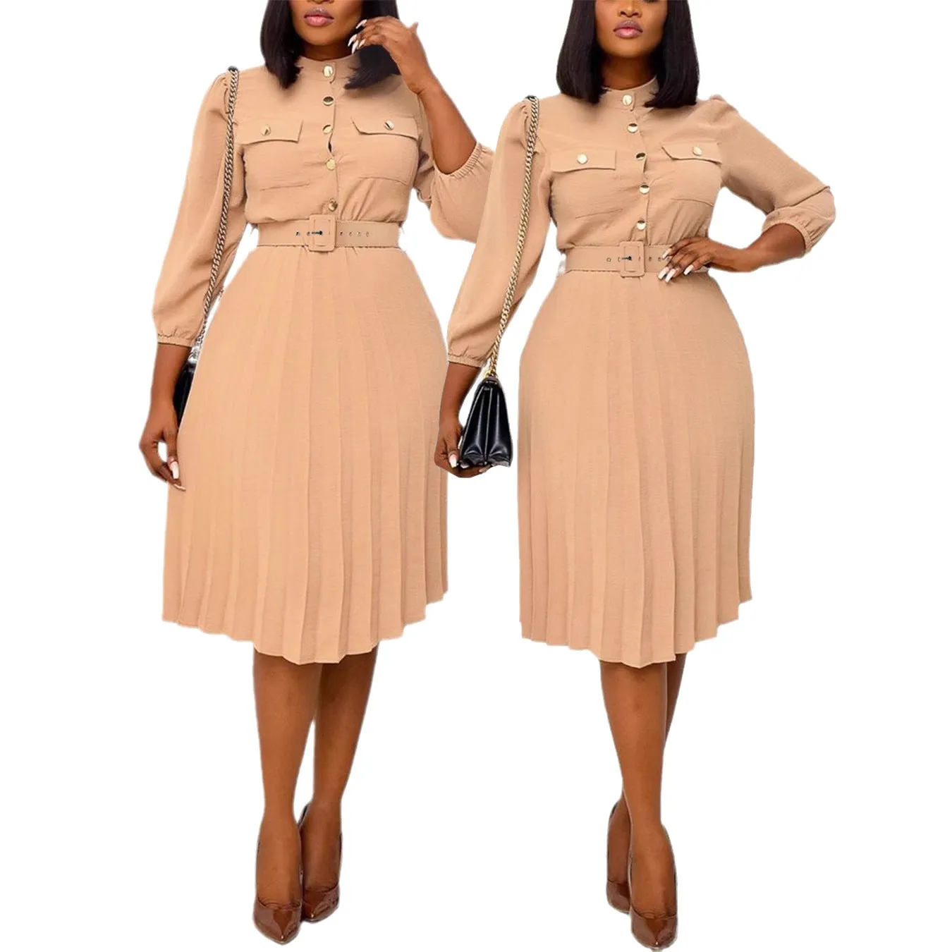 Timeless Belted Pleated Midi Dress with Button Detailing