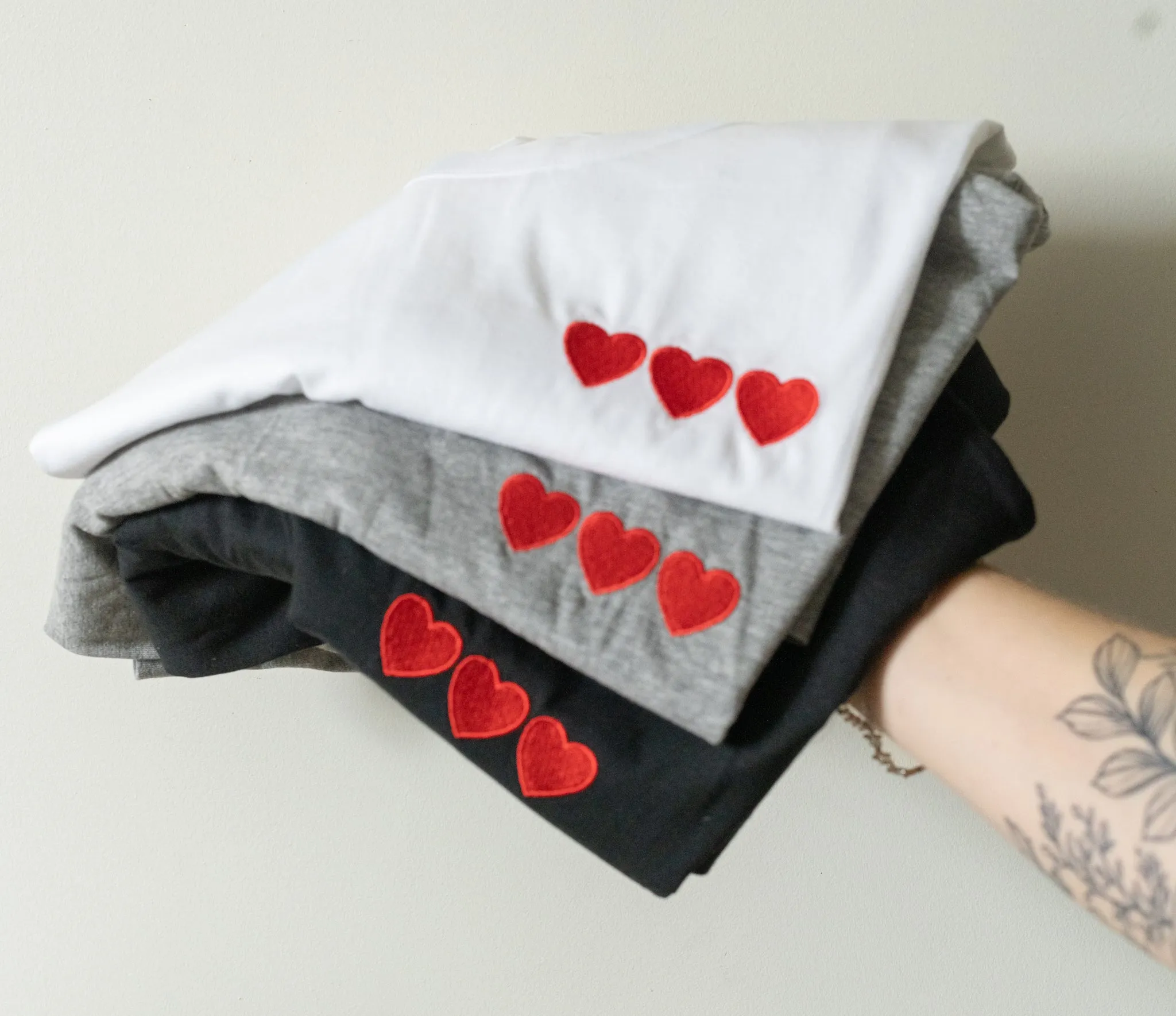 Triple Hearts Embroidered White Tee - Boyfriend Fit