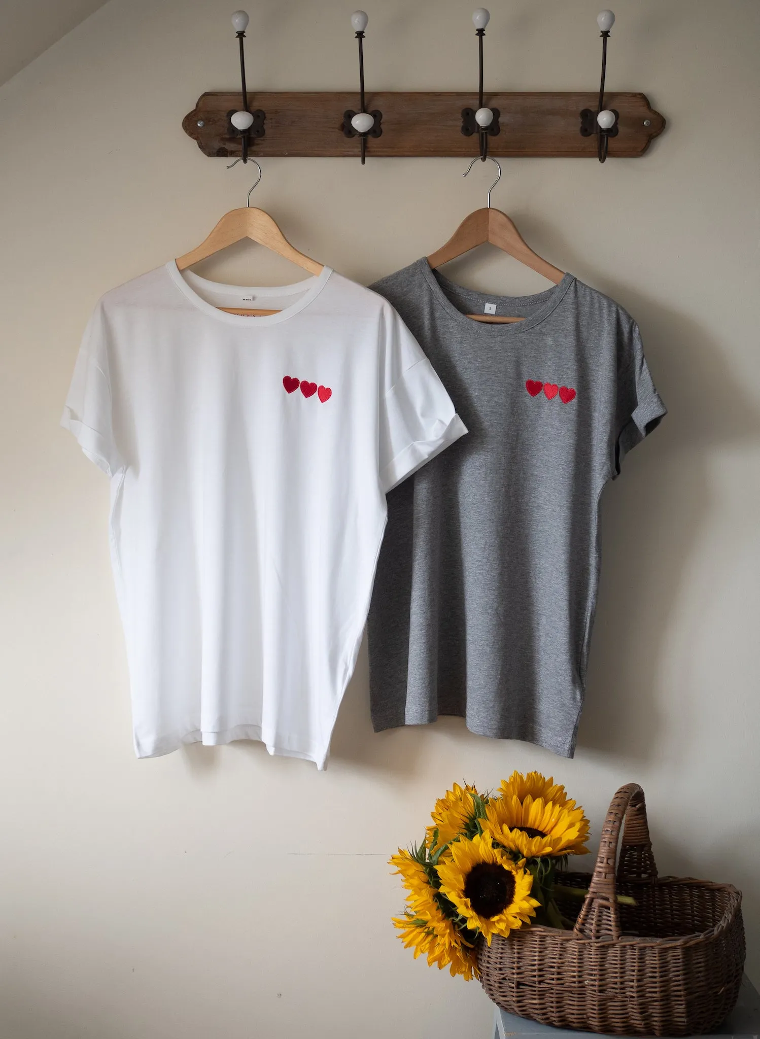 Triple Hearts Embroidered White Tee - Boyfriend Fit
