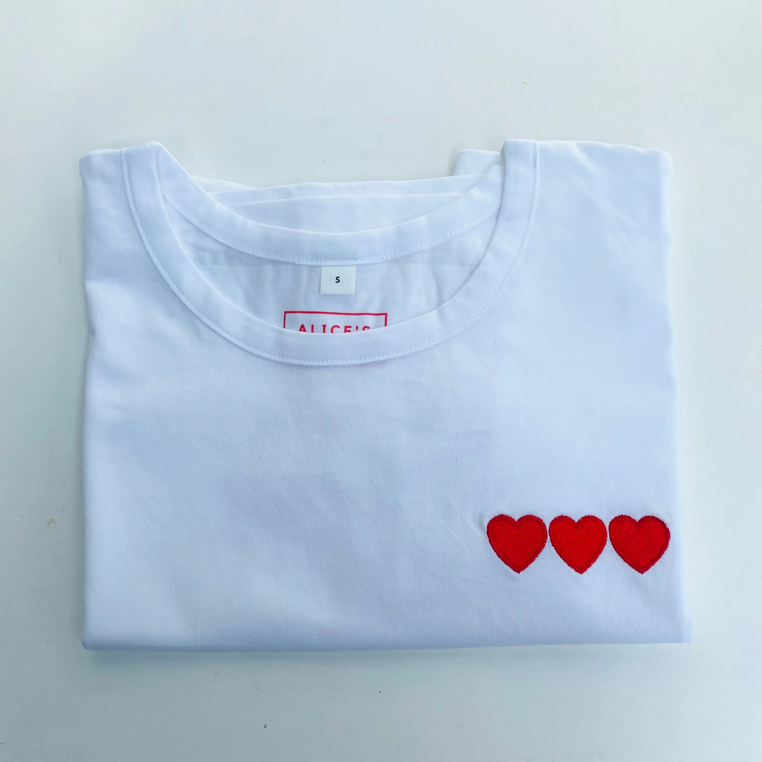 Triple Hearts Embroidered White Tee - Boyfriend Fit